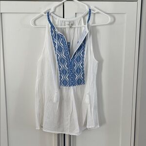 Joie White Sleeveless Blouse with Blue Embroidered Placket
